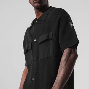 Sports Club Sweater Knit Short Sleeve Button Up - Black