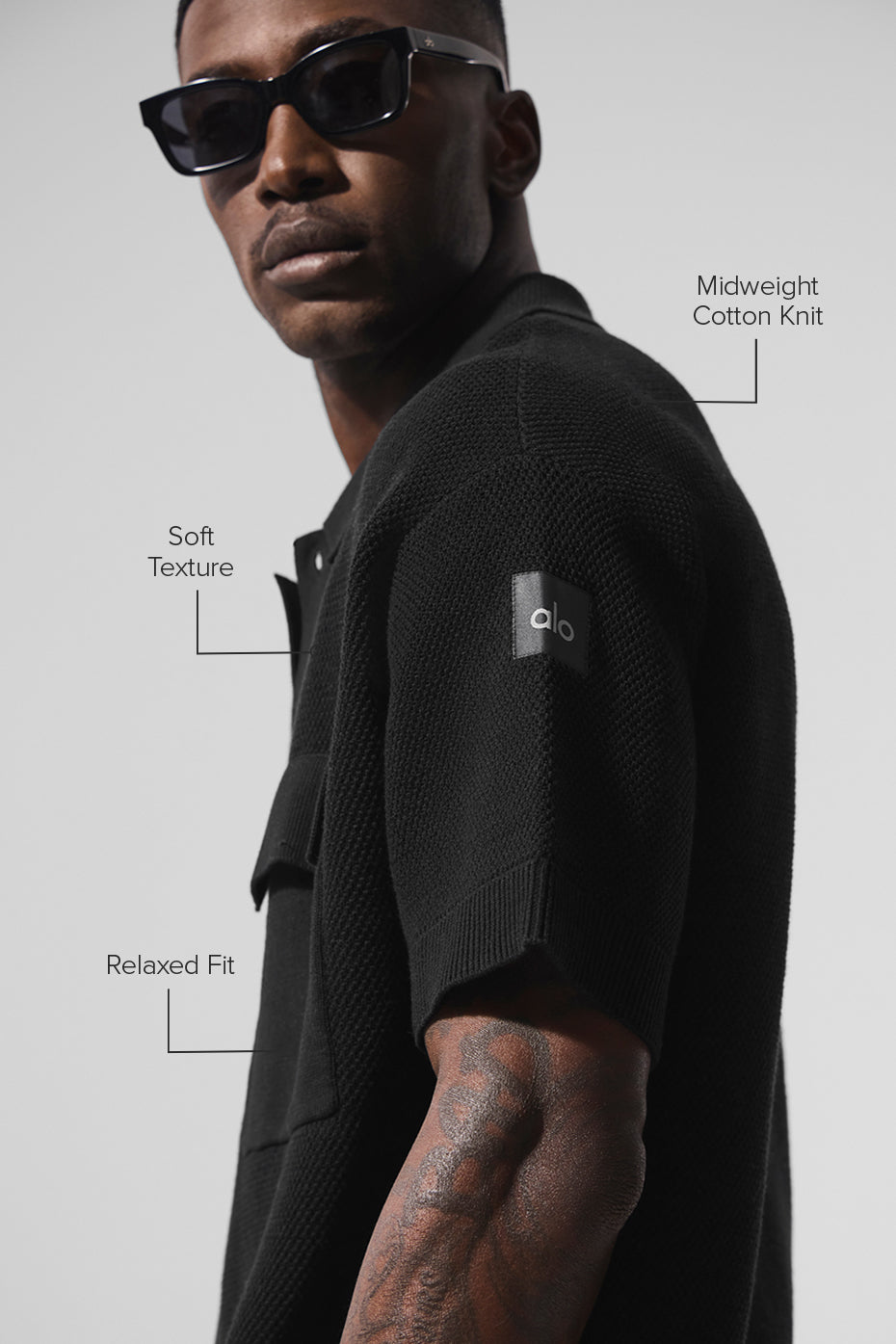 Sports Club Sweater Knit Short Sleeve Button Up - Black - Image 2