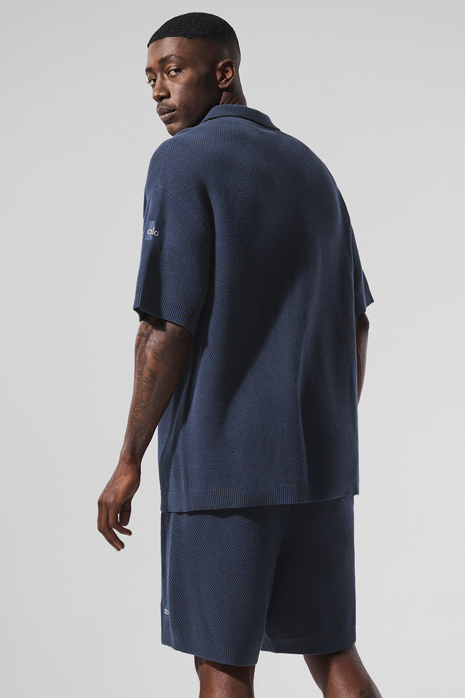 Sports Club Sweater Knit Short Sleeve Button Up - Navy - Image 3