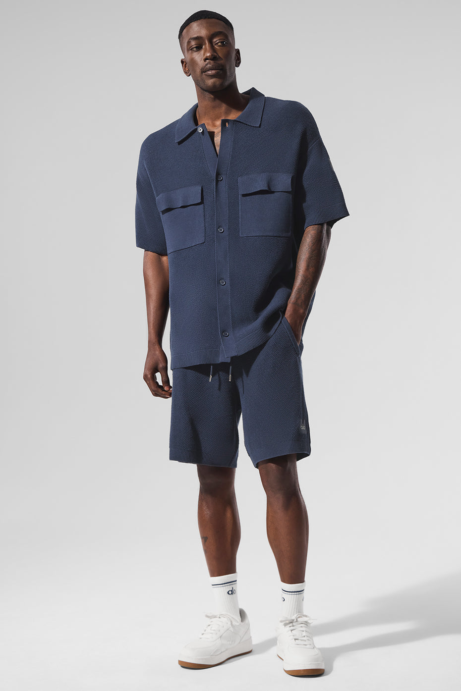 Sports Club Sweater Knit Short Sleeve Button Up - Navy - Image 4