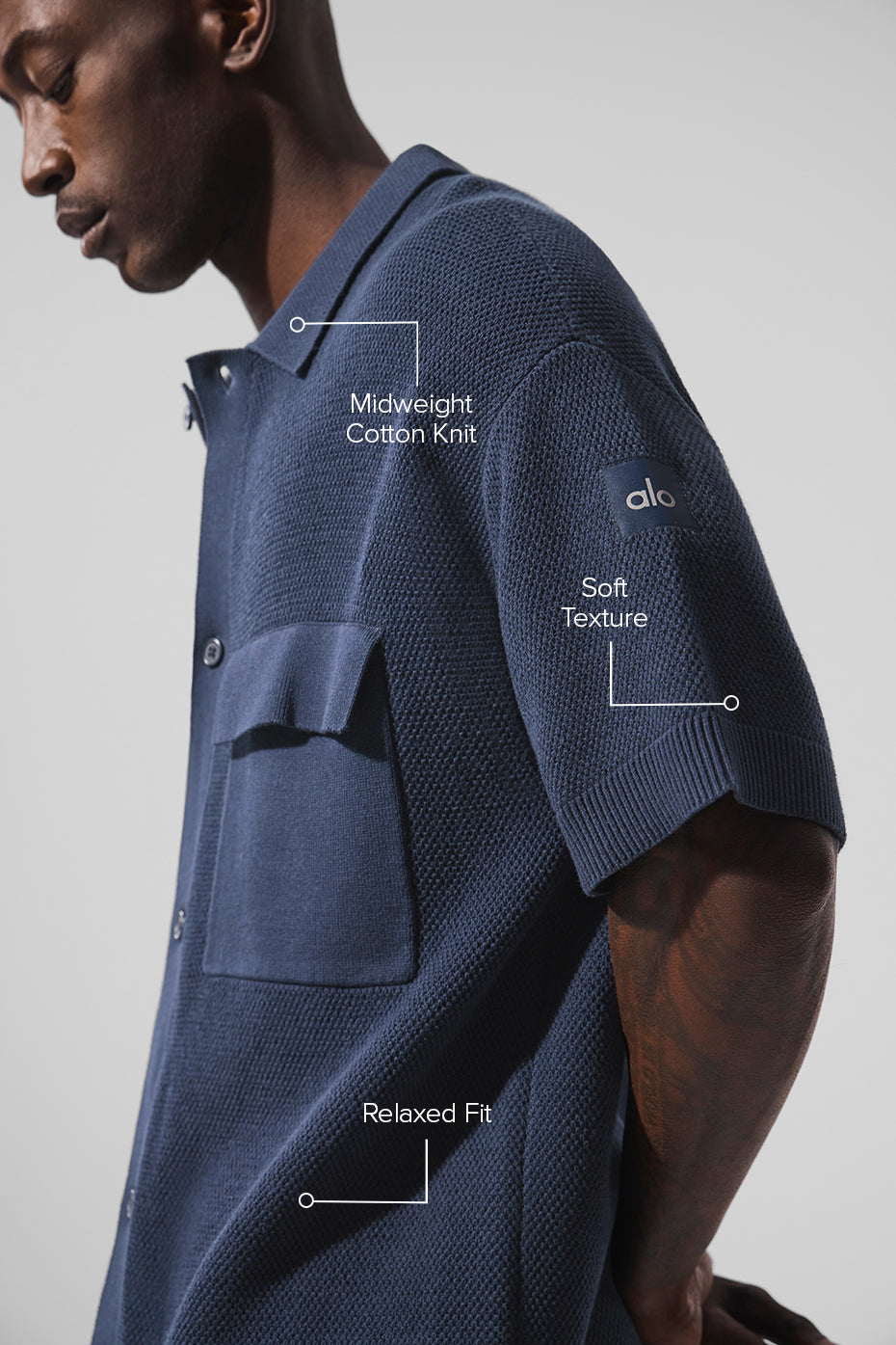 Sports Club Sweater Knit Short Sleeve Button Up - Navy - Image 2