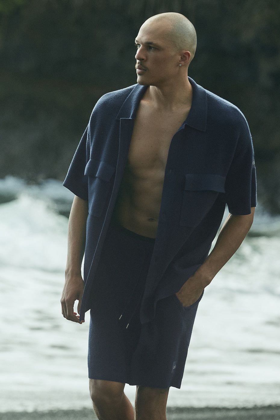 Sports Club Sweater Knit Short Sleeve Button Up - Navy - Image 5