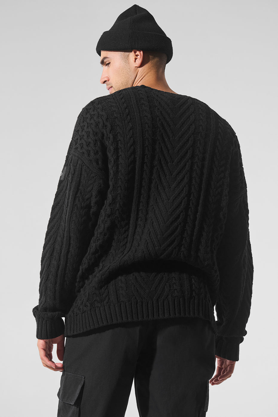 Cable Knit Crew Neck Sweater - Black - Image 3