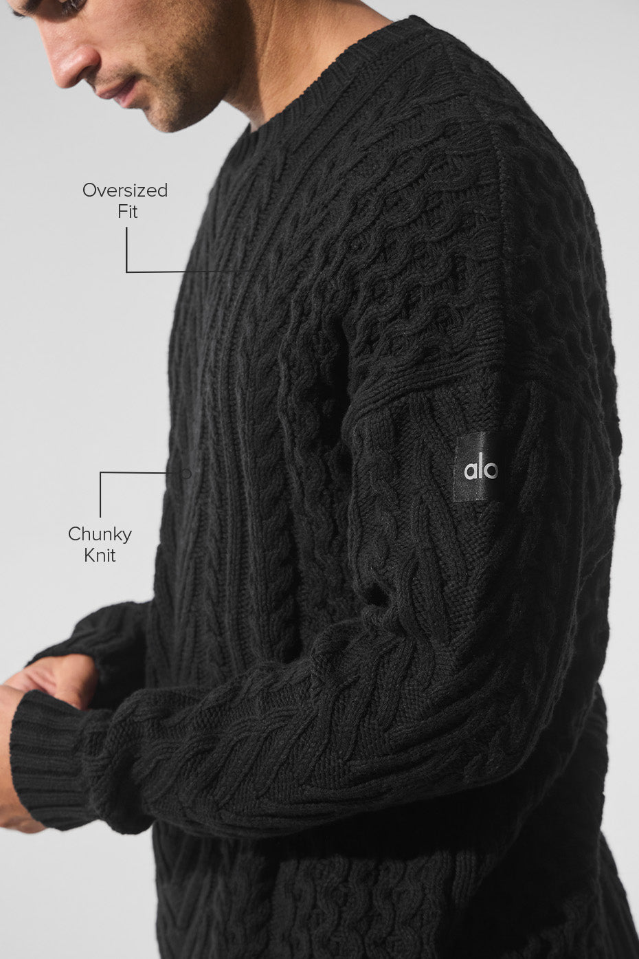 Cable Knit Crew Neck Sweater - Black - Image 2