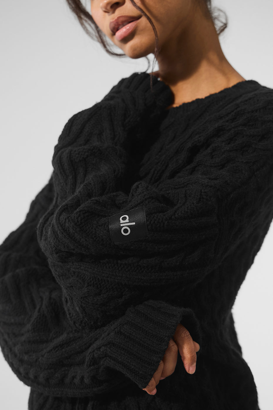 Cable Knit Crew Neck Sweater - Black - Image 3
