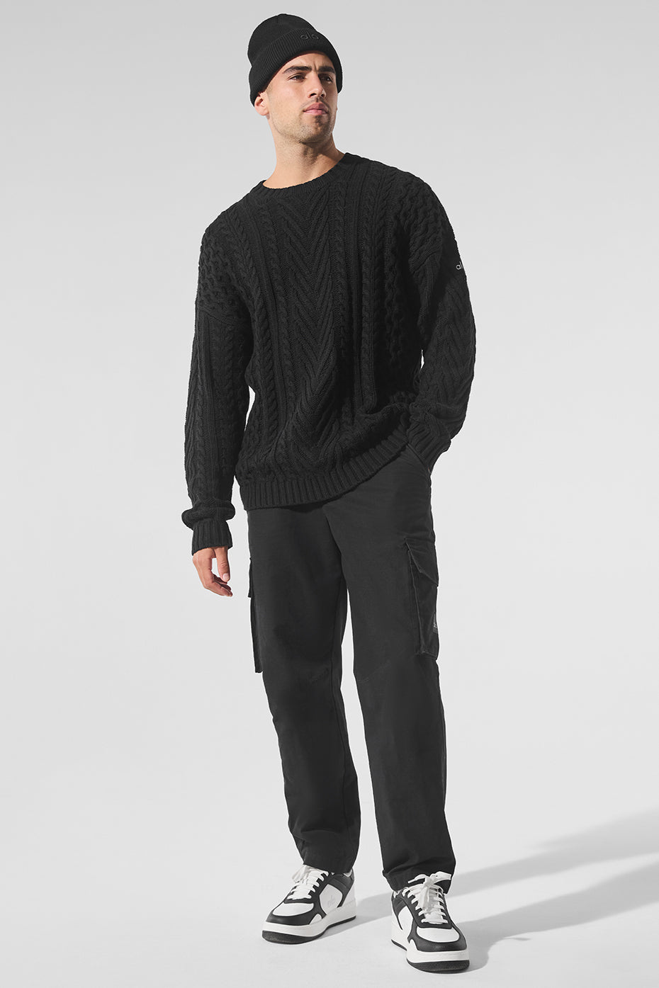 Cable Knit Crew Neck Sweater - Black - Image 4