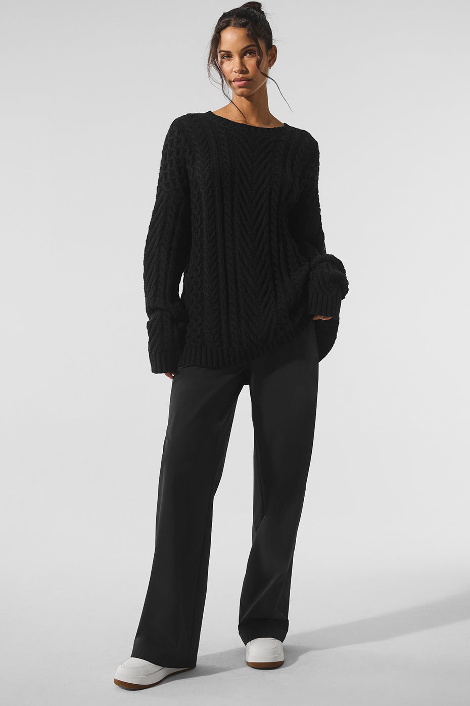 Cable Knit Crew Neck Sweater - Black - Image 4