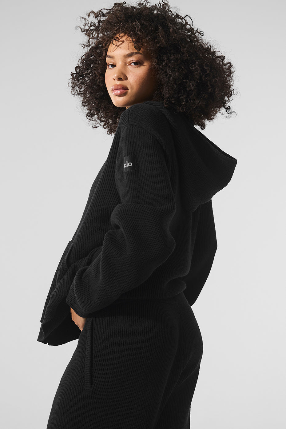 Domain Rib Knit Full Zip Sweater - Black - Image 3