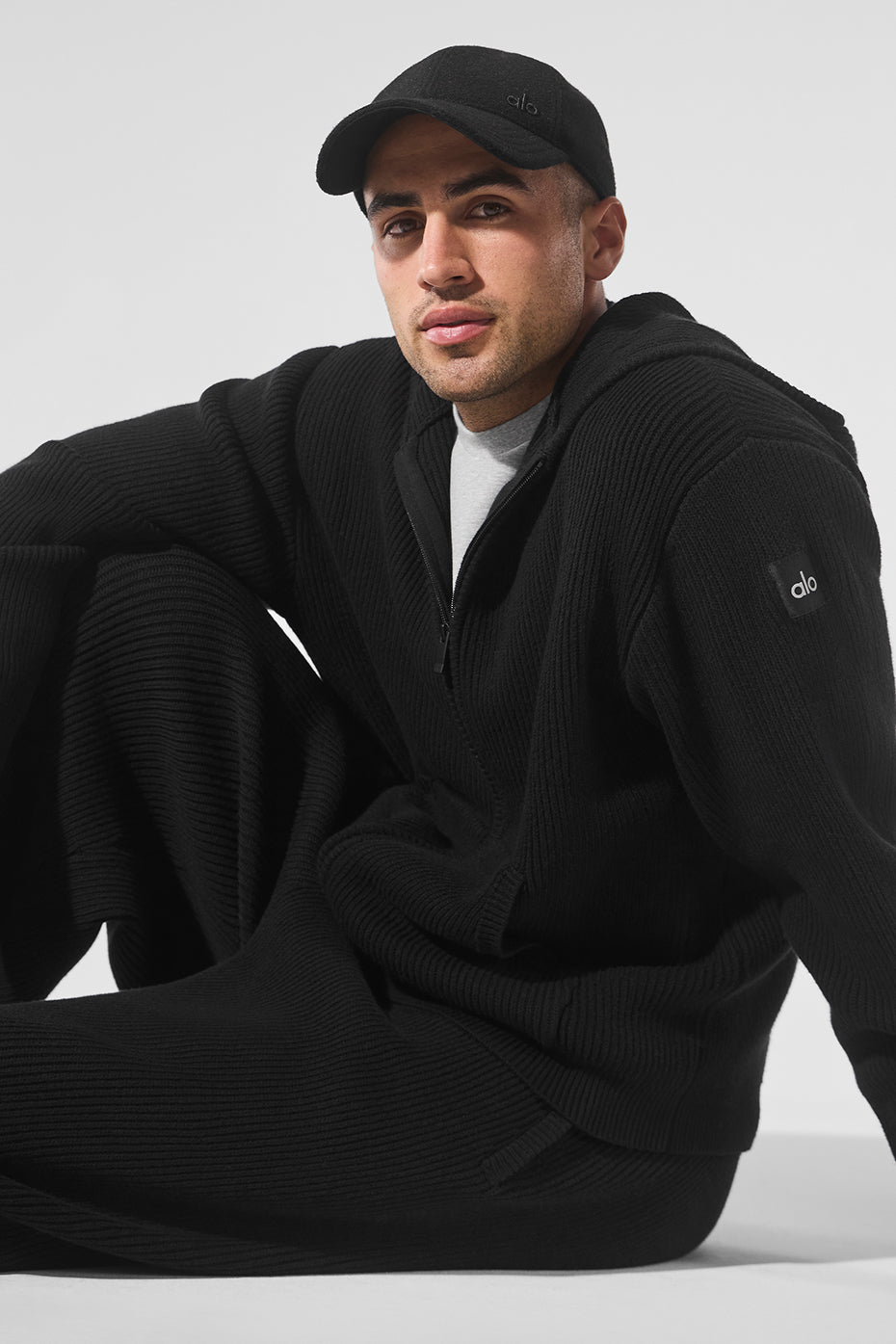 Domain Rib Knit Full Zip Sweater - Black - Image 5