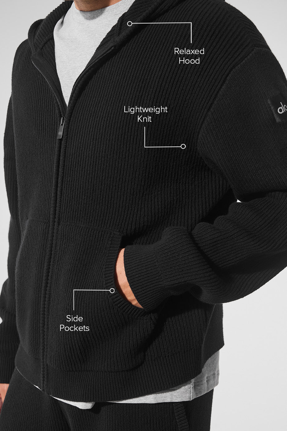 Domain Rib Knit Full Zip Sweater - Black - Image 2