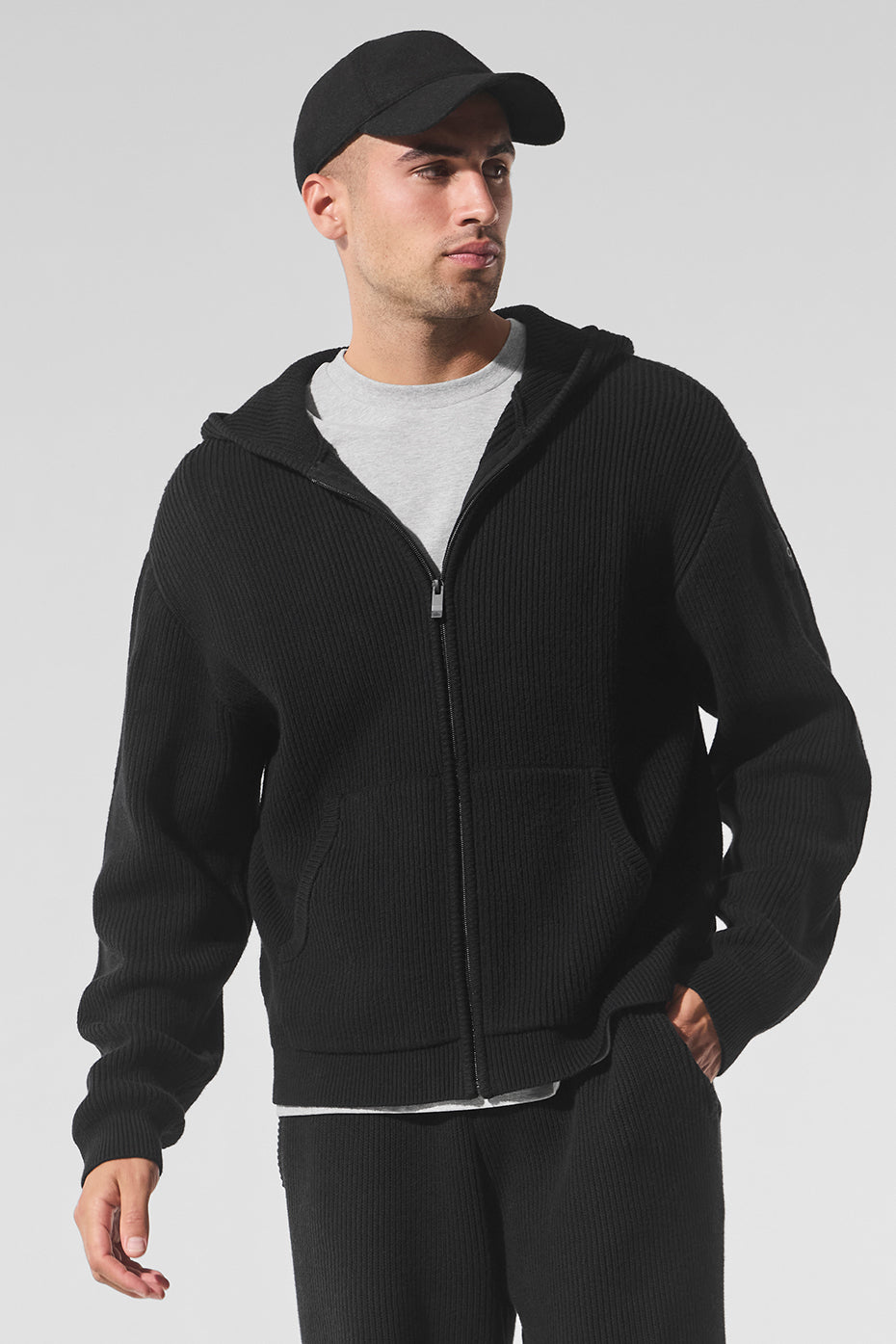 Domain Rib Knit Full Zip Sweater - Black - Image 4