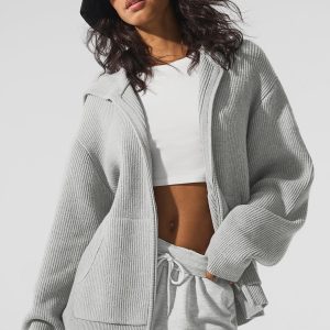 Domain Rib Knit Full Zip Sweater - Athletic Heather Grey