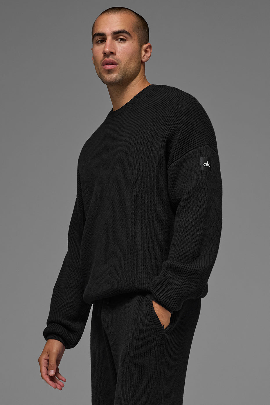 Domain Rib Knit Crew Sweater - Black - Image 3