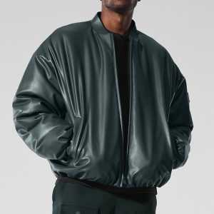 Faux Leather Premier Bomber - Charcoal Green
