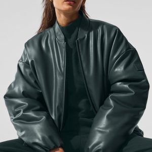 Faux Leather Premier Bomber - Charcoal Green