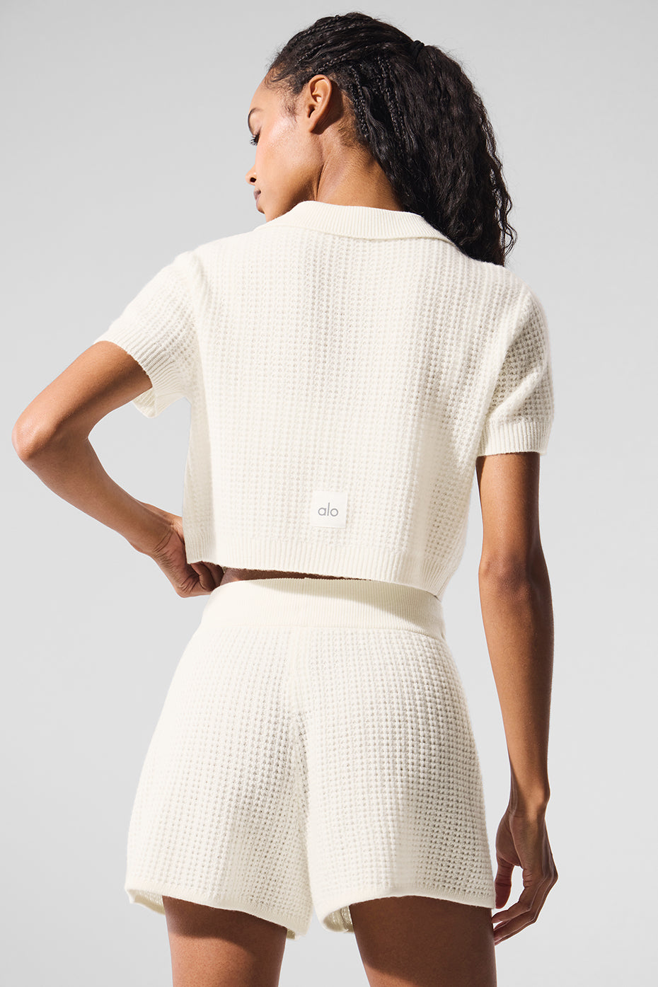 Cashmere Plush Waffle Polo Tee - Ivory - Image 3