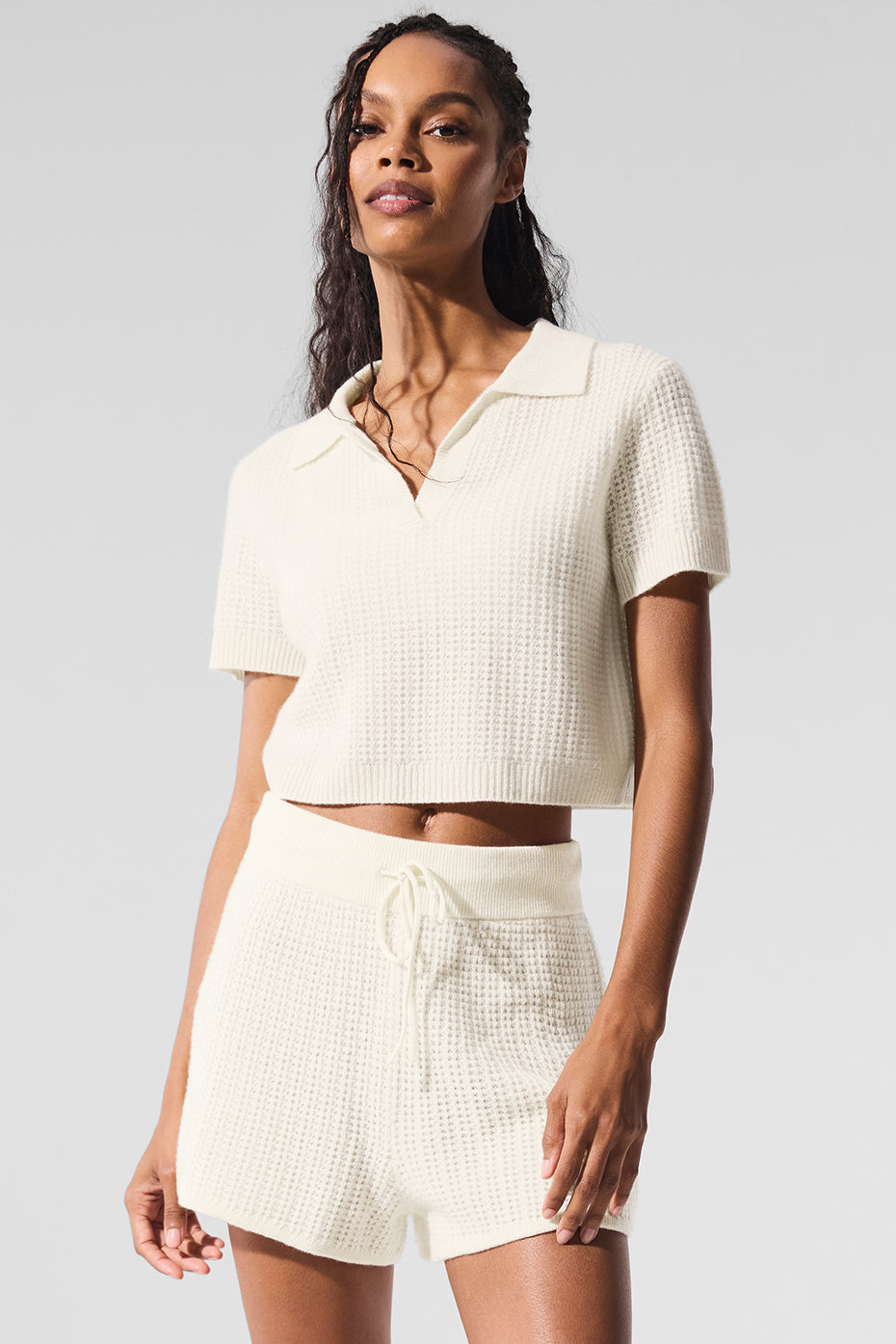 Cashmere Plush Waffle Polo Tee - Ivory - Image 4