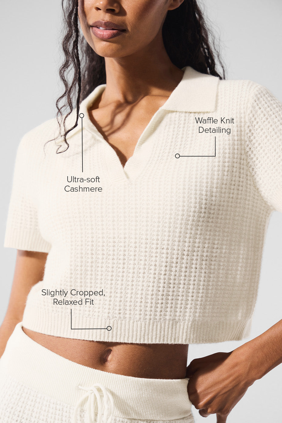 Cashmere Plush Waffle Polo Tee - Ivory - Image 2