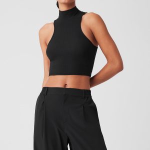 Ribbed Sea Coast Cropped Turtleneck Tank - Black