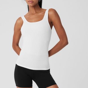 Ribbed Sea Coast Scoop Neck Tank - White