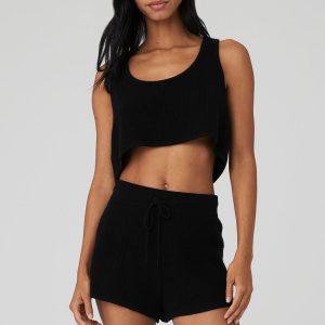 Cashmere Plush Waffle Cropped Tank - Black