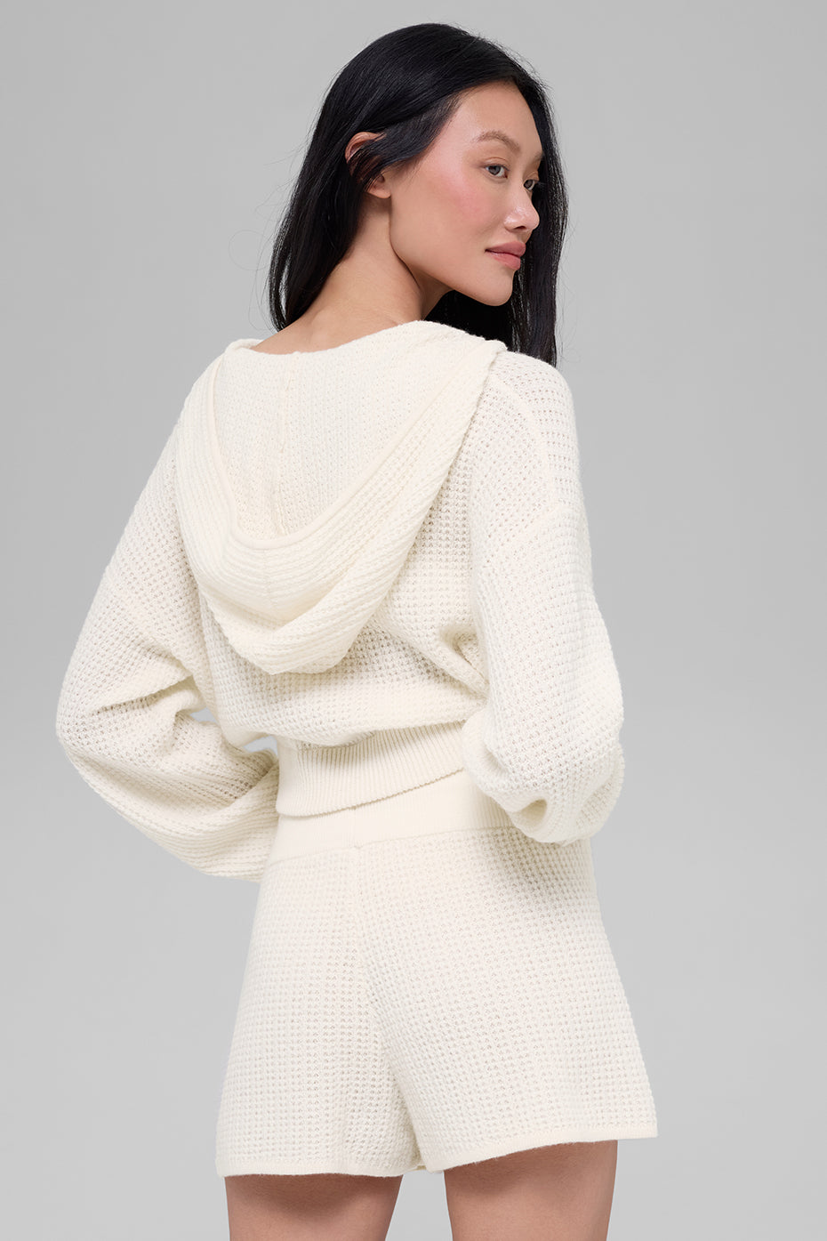 Cashmere Plush Waffle Full Zip Hoodie - Ivory - Image 3