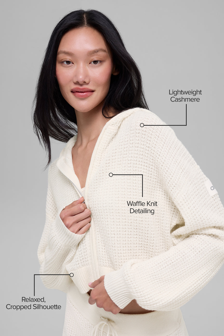 Cashmere Plush Waffle Full Zip Hoodie - Ivory - Image 2