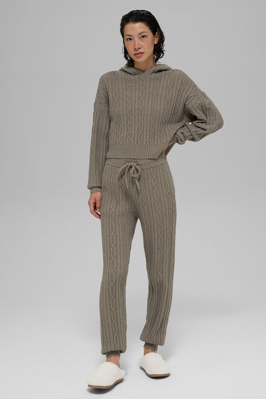 Cable Knit Winter Bliss Hoodie - Light Cocoa - Image 6