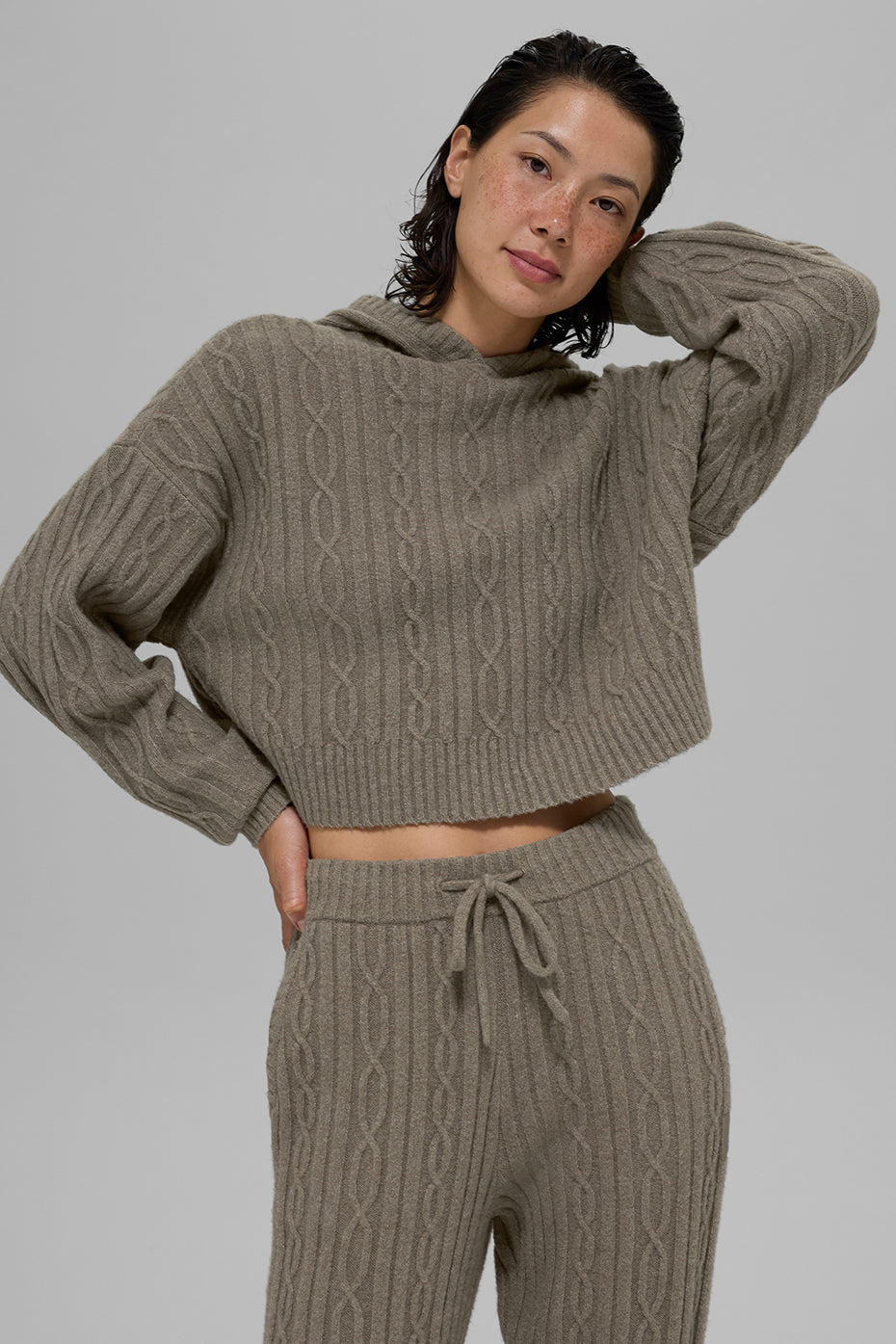 Cable Knit Winter Bliss Hoodie - Light Cocoa - Image 2