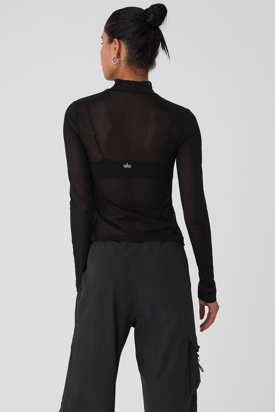 Mesh Sheer Illusion Mock Neck Long Sleeve - Black - Image 2