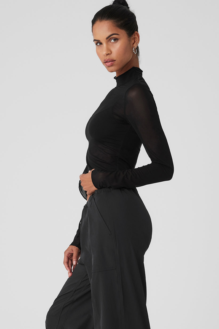 Mesh Sheer Illusion Mock Neck Long Sleeve - Black - Image 3