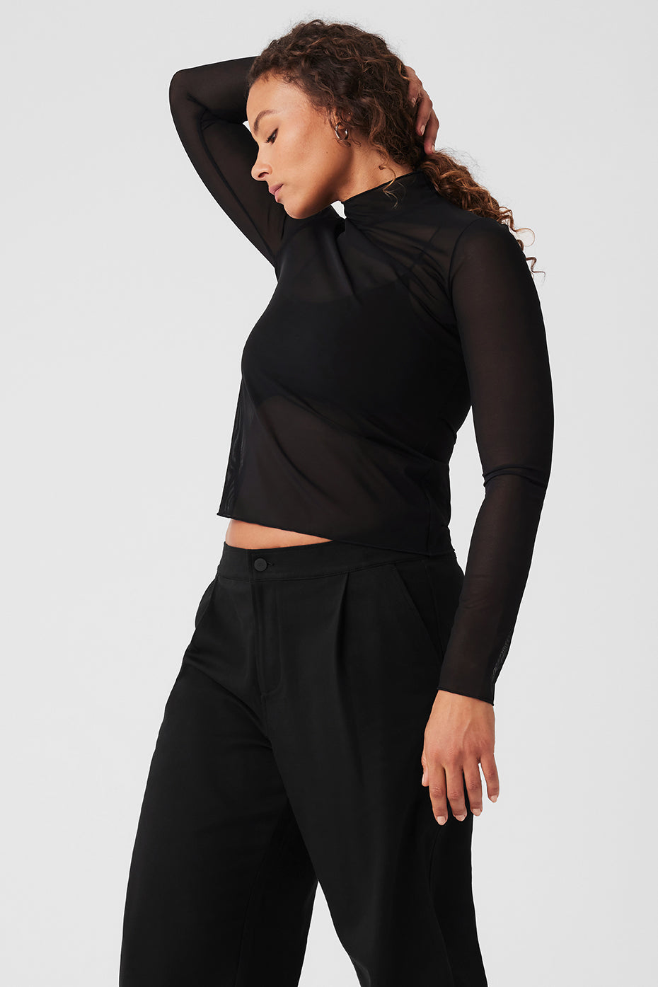 Mesh Sheer Illusion Mock Neck Long Sleeve - Black - Image 7