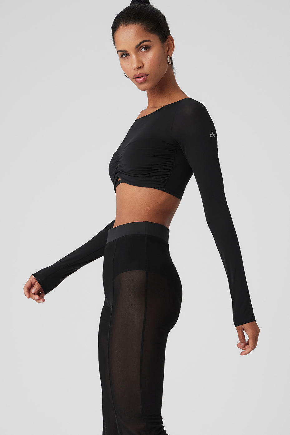 Mesh Sheer Illusion Cropped Long Sleeve - Black - Image 3