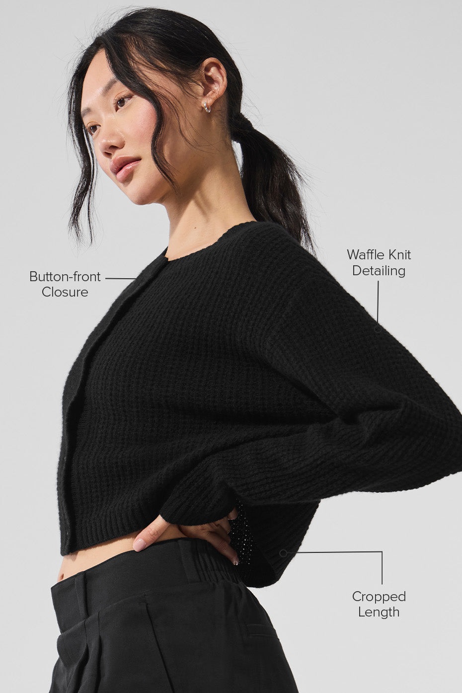 Cashmere Plush Waffle Cardigan - Black - Image 4