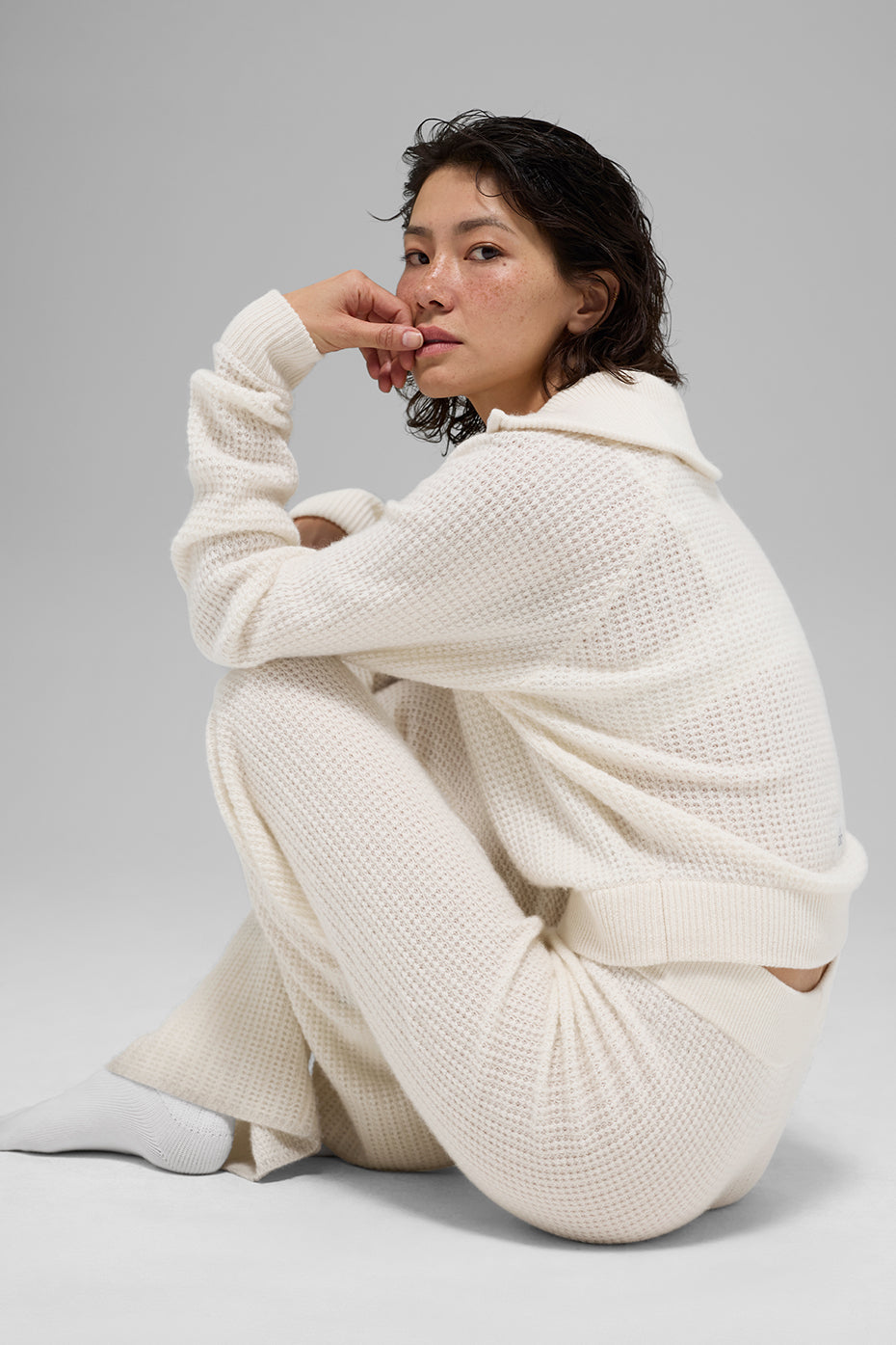 Cashmere Plush Waffle 1/4 Zip Pullover - Ivory - Image 5