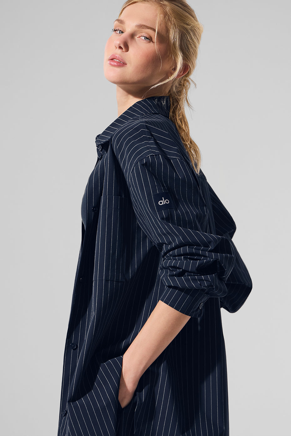 Pinstripe Daylight Button Down Long Sleeve - Navy/Ivory - Image 2