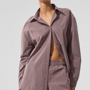 Pinstripe Daylight Button Down Long Sleeve - Mushroom/Ivory