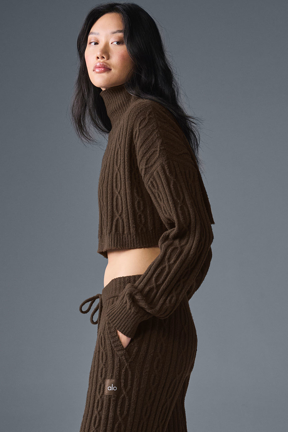 Cable Knit Cropped Winter Bliss Turtleneck Long Sleeve - Espresso - Image 5