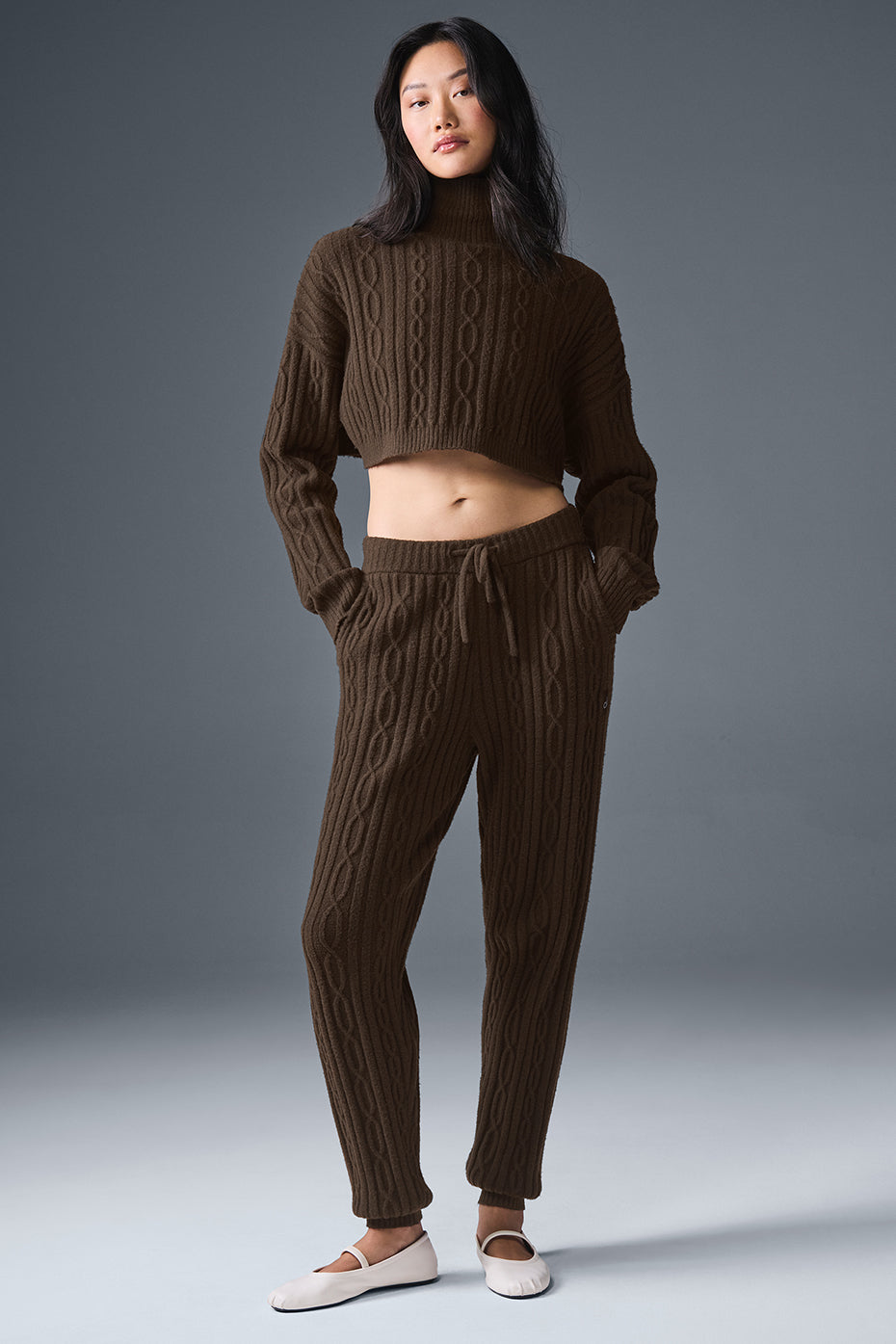 Cable Knit Cropped Winter Bliss Turtleneck Long Sleeve - Espresso - Image 3