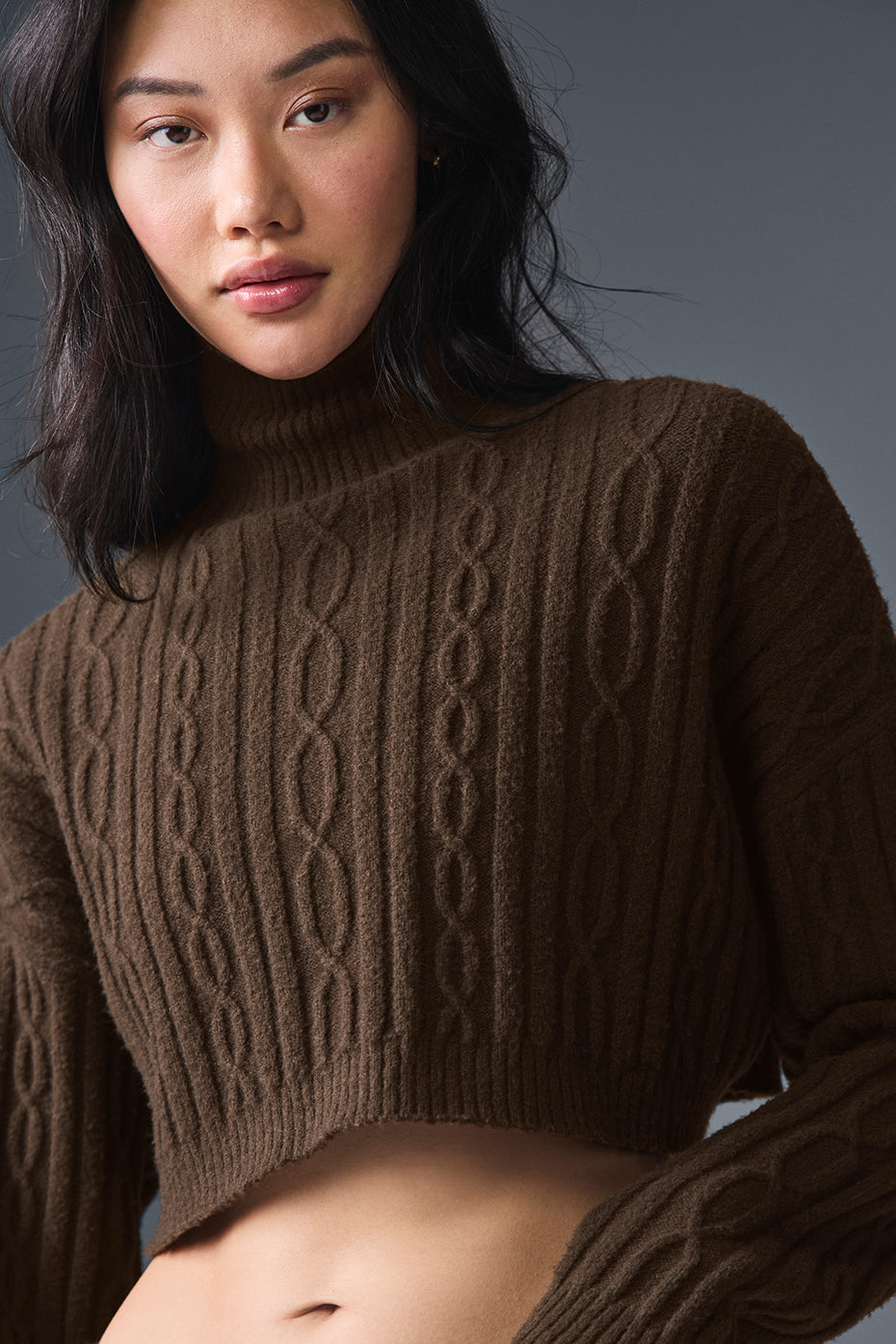 Cable Knit Cropped Winter Bliss Turtleneck Long Sleeve - Espresso - Image 4