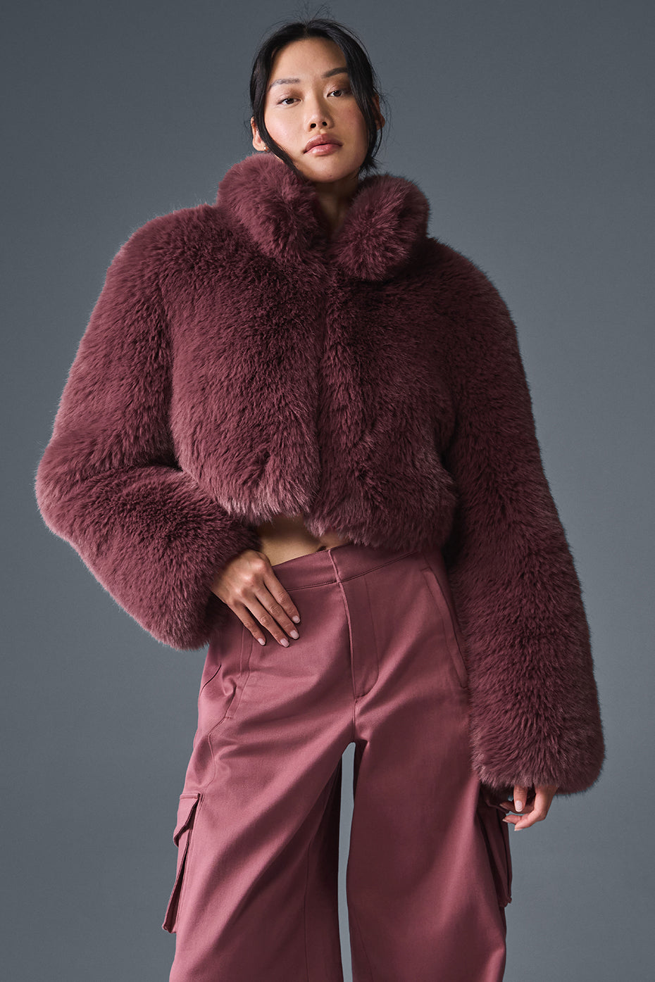 Opulent Faux Fur Cropped Jacket - Burgundy Truffle - Image 4