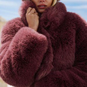 Opulent Faux Fur Cropped Jacket - Burgundy Truffle