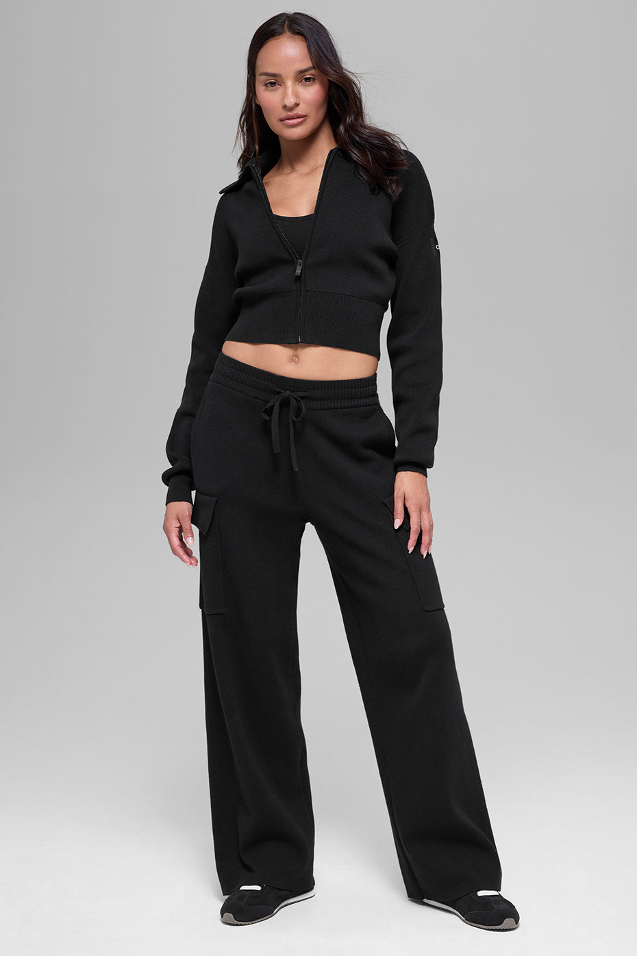 Scholar Knit Cropped Full Zip Jacket - Black - Image 3
