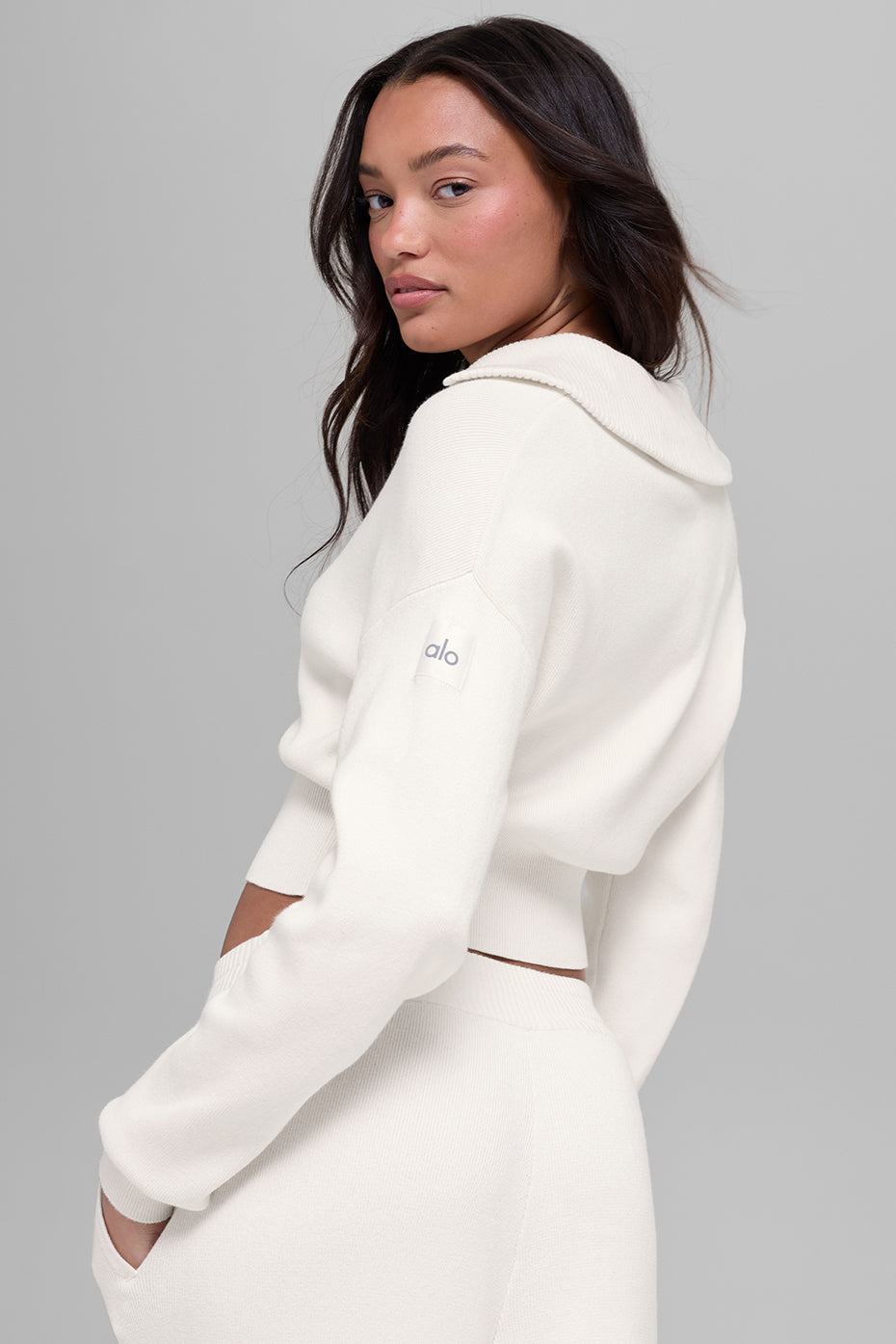 Scholar Knit Cropped Full Zip Jacket - Ivory - Image 3