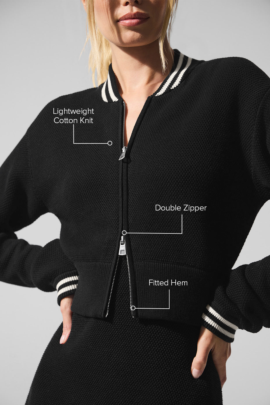 Tennis Club Sweater Knit Full Zip Jacket - Black/Ivory - Image 2