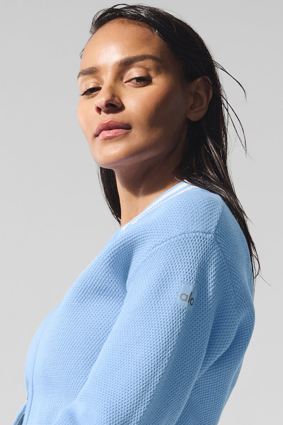 Tennis Club Sweater Knit Full Zip Jacket - Seashell Blue/White - Image 4