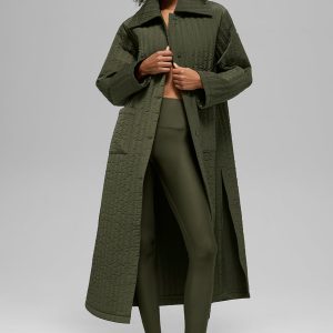 Quilted Skyline Long Coat - Green Olive