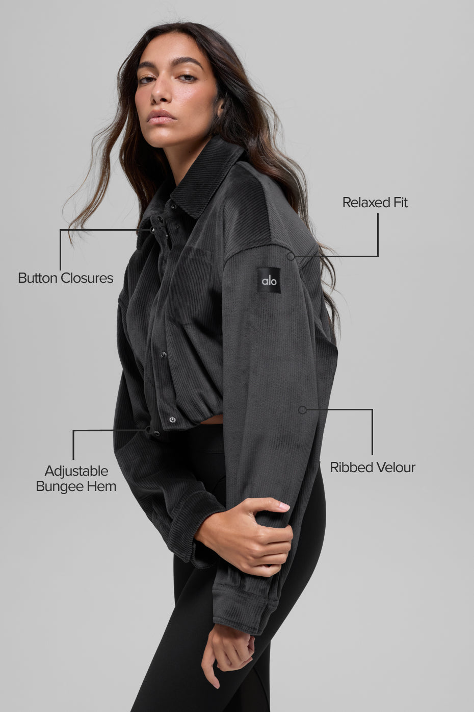 Ribbed Velour Cropped Mountain Side Jacket - Black - Image 2
